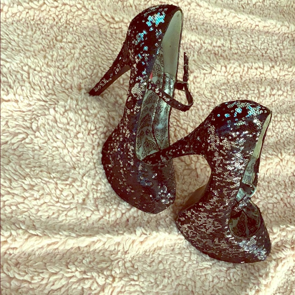 Black sequin platform heels